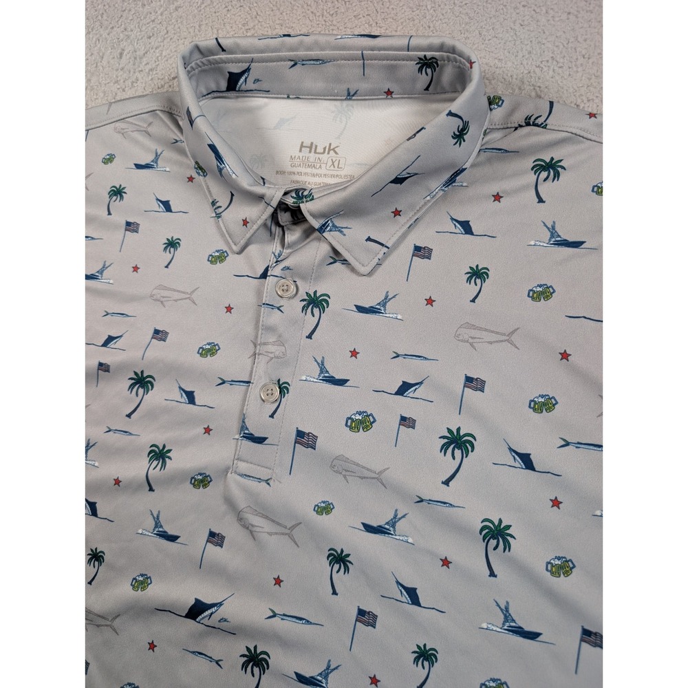 Huk Mens XL Performance Polo Shirt Gray Fishing Palm Tree UPF 50+ NWT New - Picture 4 of 8